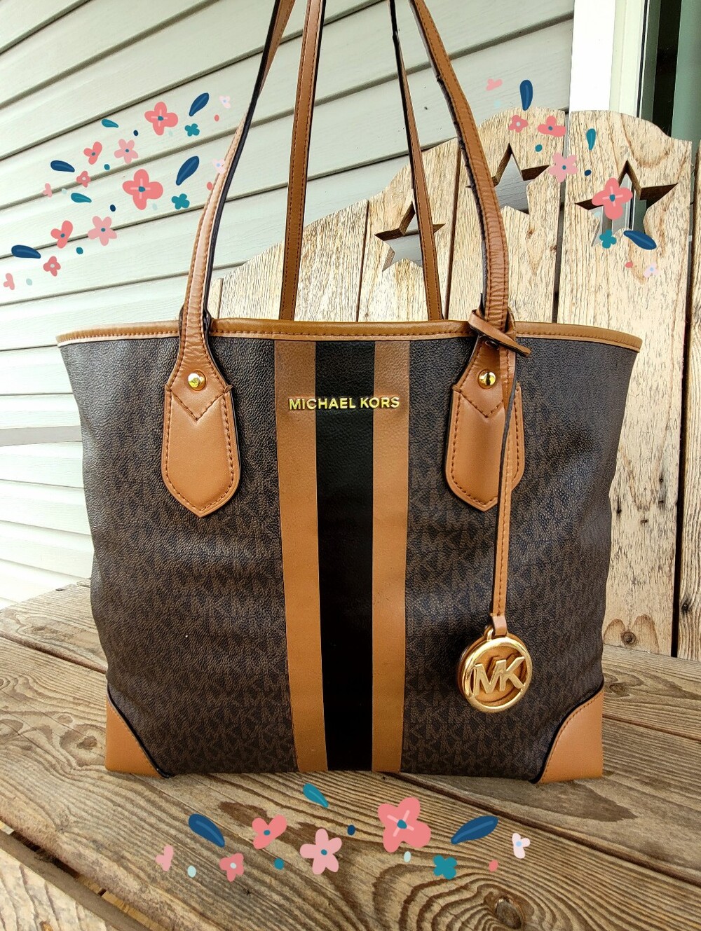 Michael Kors Eva Large Logo Strip Tote Handbag In Brown With Acorn